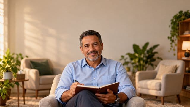 Psicólogo sorrindo, com camisa social azul, sem gravata, segurando um caderno de anotações, em um consultório de psicologia aconchegante com poltronas e plantas