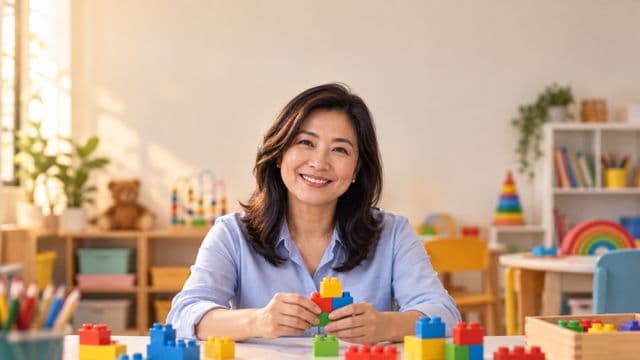 Psicopedagoga sorrindo, com camisa azul-clara, segurando blocos de montar coloridos, em uma sala de atendimento infantil colorida e organizada, com brinquedos pedagógicos