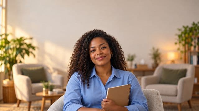 Psicóloga sorrindo, com camisa social azul, sem gravata, segurando um caderno de anotações, em um consultório de psicologia aconchegante com poltronas e plantas