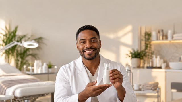Profissional de estética sorrindo, com jaleco branco, segurando um frasco de cosmético sem rótulo, em uma clínica de estética clara e sofisticada