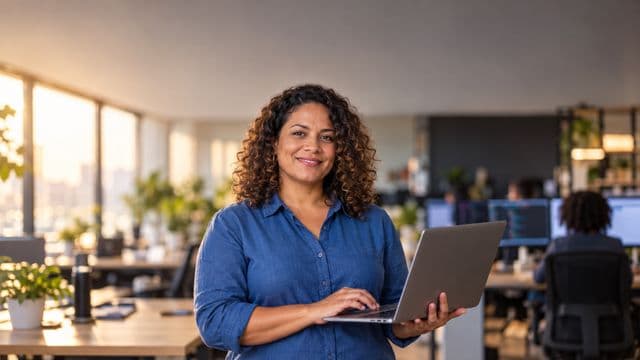 Profissional de tecnologia sorrindo, com camisa casual azul, segurando um notebook aberto, em um escritório de tecnologia moderno com monitores desfocados