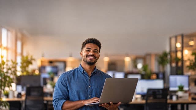 Profissional de tecnologia sorrindo, com camisa casual azul, segurando um notebook aberto, em um escritório de tecnologia moderno com monitores desfocados