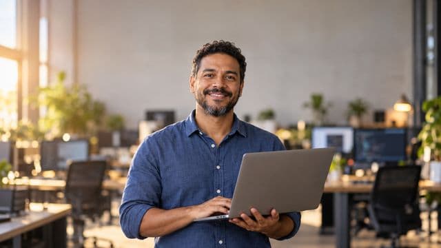 Desenvolvedor de software sorrindo, com camisa casual azul, segurando um notebook aberto, em um escritório de tecnologia moderno com monitores desfocados