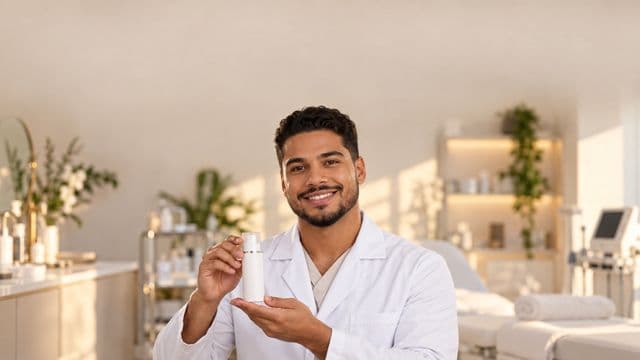 Profissional de estética sorrindo, com jaleco branco, segurando um frasco de cosmético sem rótulo, em uma clínica de estética clara e sofisticada