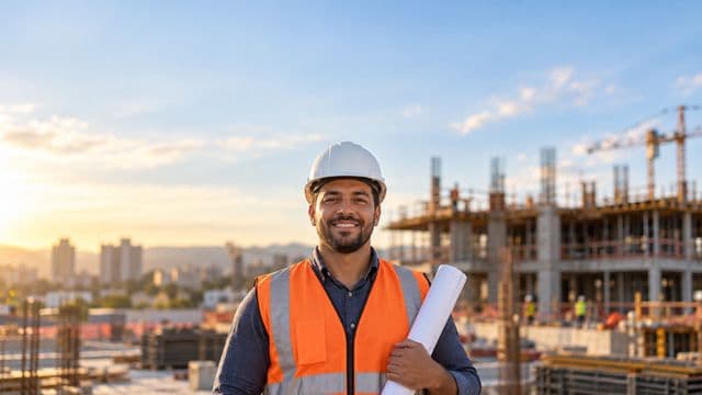 Engenheiro civil sorrindo, com capacete branco e colete refletivo laranja, segurando uma planta da obra enrolada, em um canteiro de obras com a estrutura de um prédio