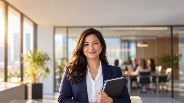 Profissional de recursos humanos sorrindo, com blazer azul sobre camisa branca, segurando uma pasta de documentos, em um escritório moderno com uma sala de reunião envidraçada