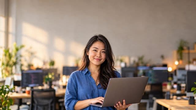 Desenvolvedora de software sorrindo, com camisa casual azul, segurando um notebook aberto, em um escritório de tecnologia moderno com monitores desfocados