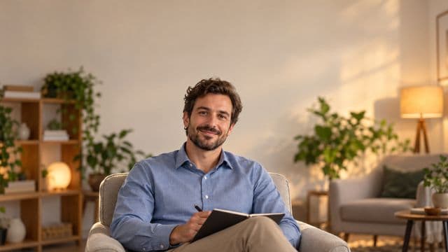 Psicólogo sorrindo, com camisa social azul, sem gravata, segurando um caderno de anotações, em um consultório de psicologia aconchegante com poltronas e plantas
