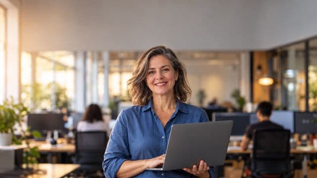 Desenvolvedora de software sorrindo, com camisa casual azul, segurando um notebook aberto, em um escritório de tecnologia moderno com monitores desfocados