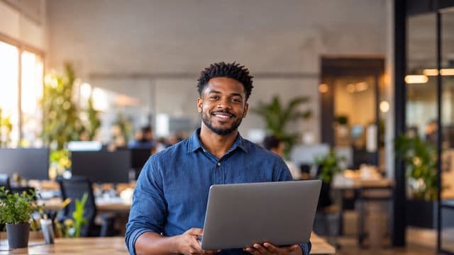 Desenvolvedor de software sorrindo, com camisa casual azul, segurando um notebook aberto, em um escritório de tecnologia moderno com monitores desfocados