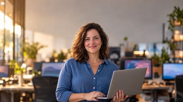 Desenvolvedora de software sorrindo, com camisa casual azul, segurando um notebook aberto, em um escritório de tecnologia moderno com monitores desfocados