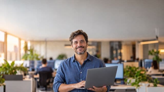 Desenvolvedor de software sorrindo, com camisa casual azul, segurando um notebook aberto, em um escritório de tecnologia moderno com monitores desfocados