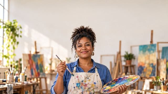 Arte-educadora sorrindo, com avental de ateliê sobre camisa azul, segurando um pincel e uma paleta de cores, em um ateliê de artes claro com telas e cavaletes