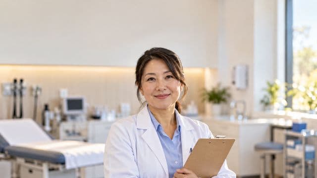 Profissional de saúde sorrindo, com jaleco branco sobre camisa azul-clara, segurando uma prancheta, em uma clínica moderna e bem iluminada