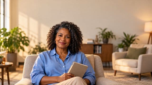 Psicóloga sorrindo, com camisa social azul, sem gravata, segurando um caderno de anotações, em um consultório de psicologia aconchegante com poltronas e plantas