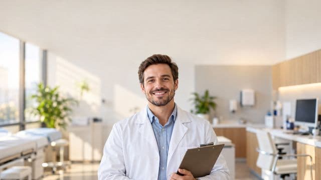 Profissional de saúde sorrindo, com jaleco branco sobre camisa azul-clara, segurando uma prancheta, em uma clínica moderna e bem iluminada