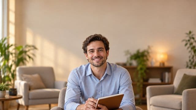 Psicólogo sorrindo, com camisa social azul, sem gravata, segurando um caderno de anotações, em um consultório de psicologia aconchegante com poltronas e plantas