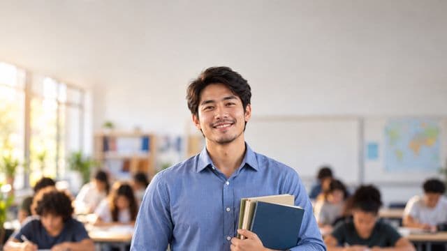 Professor sorrindo, com camisa social azul, segurando livros de capa lisa, em uma sala de aula moderna e clara com alunos desfocados
