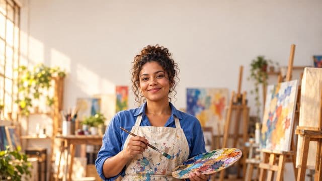Arte-educadora sorrindo, com avental de ateliê sobre camisa azul, segurando um pincel e uma paleta de cores, em um ateliê de artes claro com telas e cavaletes