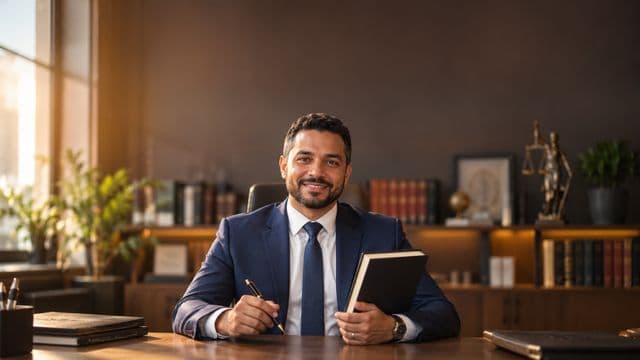 Advogado sorrindo, com terno azul-marinho e camisa branca, segurando um livro de capa lisa e uma caneta, em um escritório de advocacia elegante com estantes de livros