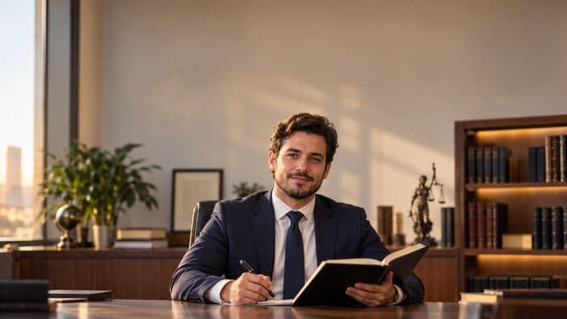 Advogado sorrindo, com terno azul-marinho e camisa branca, segurando um livro de capa lisa e uma caneta, em um escritório de advocacia elegante com estantes de livros