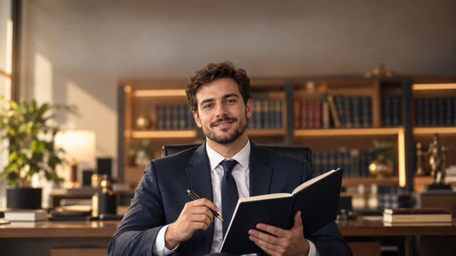 Advogado sorrindo, com terno azul-marinho e camisa branca, segurando um livro de capa lisa e uma caneta, em um escritório de advocacia elegante com estantes de livros