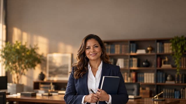 Advogada sorrindo, com terno azul-marinho e camisa branca, segurando um livro de capa lisa e uma caneta, em um escritório de advocacia elegante com estantes de livros