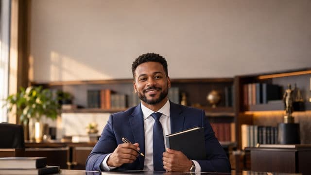 Advogado sorrindo, com terno azul-marinho e camisa branca, segurando um livro de capa lisa e uma caneta, em um escritório de advocacia elegante com estantes de livros