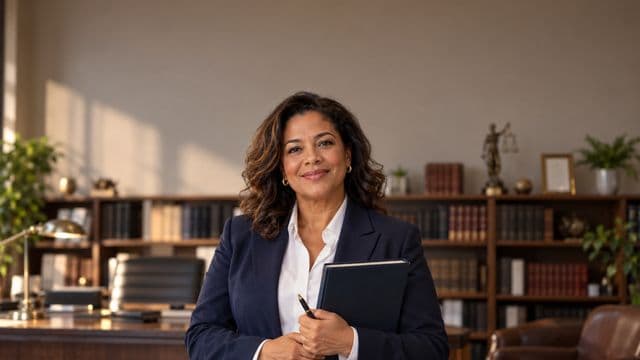 Advogada sorrindo, com terno azul-marinho e camisa branca, segurando um livro de capa lisa e uma caneta, em um escritório de advocacia elegante com estantes de livros