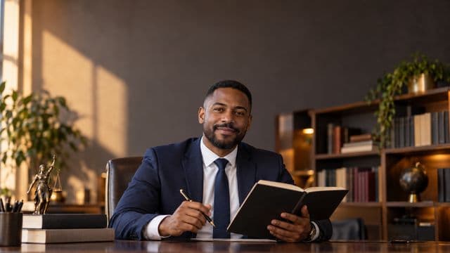 Advogado sorrindo, com terno azul-marinho e camisa branca, segurando um livro de capa lisa e uma caneta, em um escritório de advocacia elegante com estantes de livros