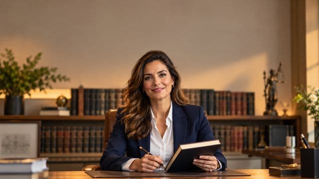 Advogada sorrindo, com terno azul-marinho e camisa branca, segurando um livro de capa lisa e uma caneta, em um escritório de advocacia elegante com estantes de livros