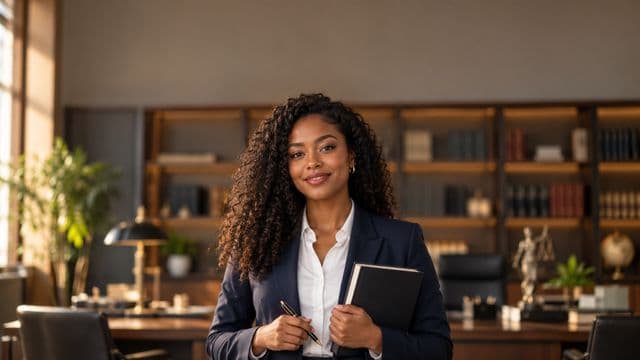 Advogada sorrindo, com terno azul-marinho e camisa branca, segurando um livro de capa lisa e uma caneta, em um escritório de advocacia elegante com estantes de livros