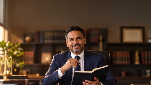 Advogado sorrindo, com terno azul-marinho e camisa branca, segurando um livro de capa lisa e uma caneta, em um escritório de advocacia elegante com estantes de livros