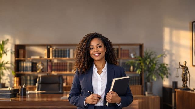 Advogada sorrindo, com terno azul-marinho e camisa branca, segurando um livro de capa lisa e uma caneta, em um escritório de advocacia elegante com estantes de livros