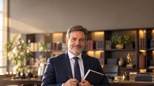 Advogado sorrindo, com terno azul-marinho e camisa branca, segurando um livro de capa lisa e uma caneta, em um escritório de advocacia elegante com estantes de livros