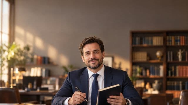Advogado sorrindo, com terno azul-marinho e camisa branca, segurando um livro de capa lisa e uma caneta, em um escritório de advocacia elegante com estantes de livros