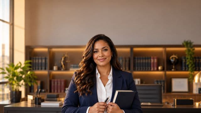 Advogada sorrindo, com terno azul-marinho e camisa branca, segurando um livro de capa lisa e uma caneta, em um escritório de advocacia elegante com estantes de livros
