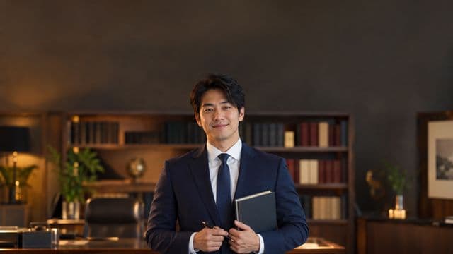 Advogado sorrindo, com terno azul-marinho e camisa branca, segurando um livro de capa lisa e uma caneta, em um escritório de advocacia elegante com estantes de livros