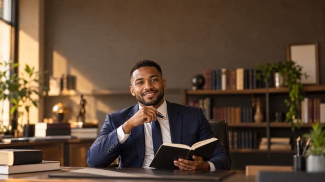 Advogado sorrindo, com terno azul-marinho e camisa branca, segurando um livro de capa lisa e uma caneta, em um escritório de advocacia elegante com estantes de livros