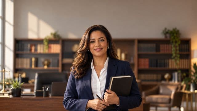 Advogada sorrindo, com terno azul-marinho e camisa branca, segurando um livro de capa lisa e uma caneta, em um escritório de advocacia elegante com estantes de livros