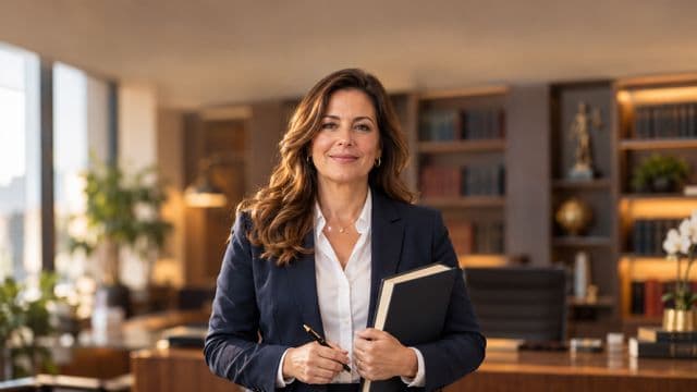 Advogada sorrindo, com terno azul-marinho e camisa branca, segurando um livro de capa lisa e uma caneta, em um escritório de advocacia elegante com estantes de livros