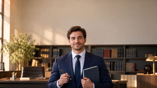 Advogado sorrindo, com terno azul-marinho e camisa branca, segurando um livro de capa lisa e uma caneta, em um escritório de advocacia elegante com estantes de livros