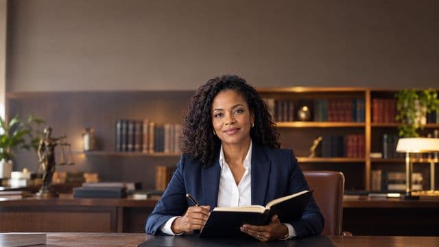 Advogada sorrindo, com terno azul-marinho e camisa branca, segurando um livro de capa lisa e uma caneta, em um escritório de advocacia elegante com estantes de livros