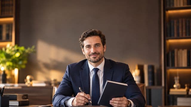 Advogado sorrindo, com terno azul-marinho e camisa branca, segurando um livro de capa lisa e uma caneta, em um escritório de advocacia elegante com estantes de livros
