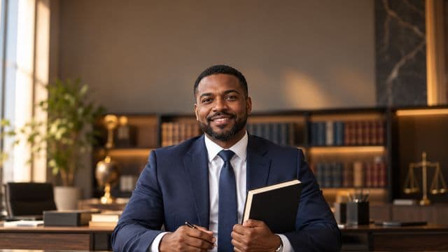 Advogado sorrindo, com terno azul-marinho e camisa branca, segurando um livro de capa lisa e uma caneta, em um escritório de advocacia elegante com estantes de livros