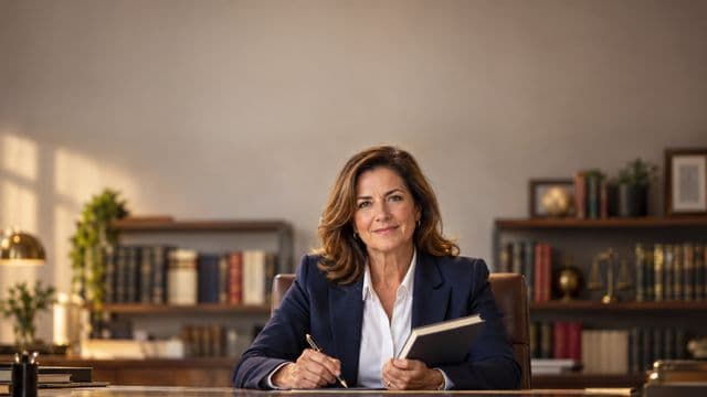 Advogada sorrindo, com terno azul-marinho e camisa branca, segurando um livro de capa lisa e uma caneta, em um escritório de advocacia elegante com estantes de livros