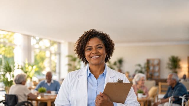Profissional de gerontologia sorrindo, com jaleco branco sobre camisa azul-clara, segurando uma prancheta, em um centro de convivência para idosos, claro e acolhedor