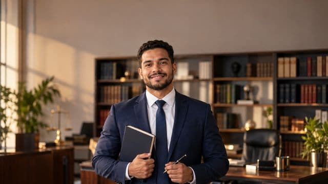 Advogado sorrindo, com terno azul-marinho e camisa branca, segurando um livro de capa lisa e uma caneta, em um escritório de advocacia elegante com estantes de livros