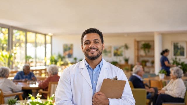 Profissional de gerontologia sorrindo, com jaleco branco sobre camisa azul-clara, segurando uma prancheta, em um centro de convivência para idosos, claro e acolhedor