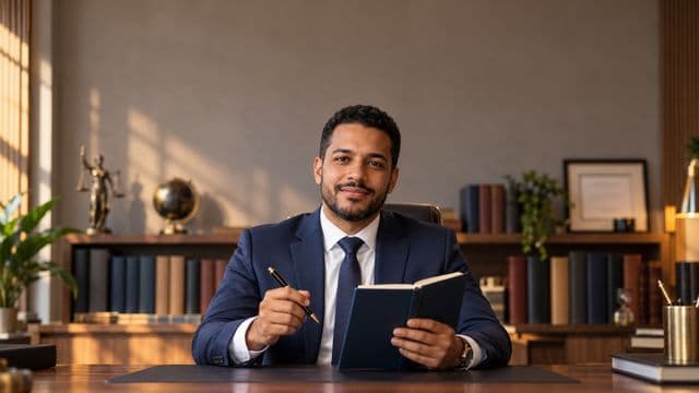 Advogado sorrindo, com terno azul-marinho e camisa branca, segurando um livro de capa lisa e uma caneta, em um escritório de advocacia elegante com estantes de livros